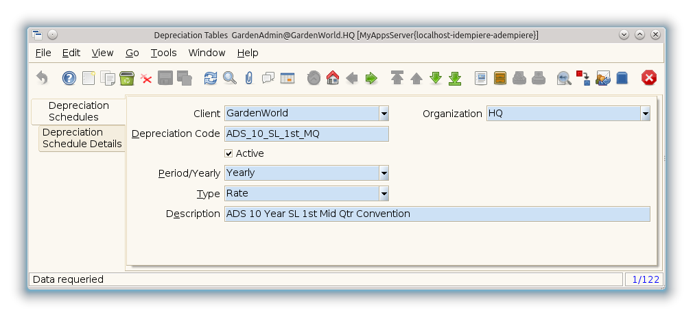 Depreciation Tables - Depreciation Schedules - Window (iDempiere 1.0.0).png