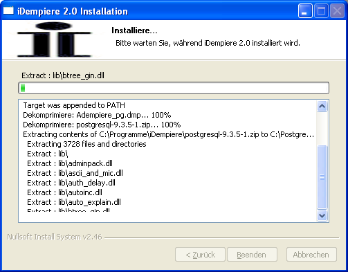 iDempiere Setup – Installationsfortschritt