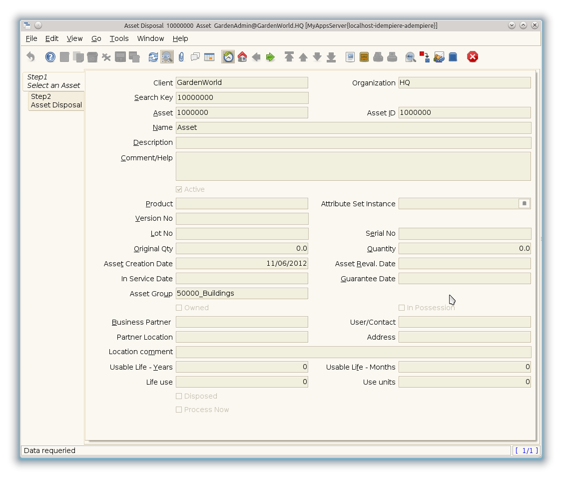 Asset Disposal - Step1 Select an Asset - Window (iDempiere 1.0.0).png