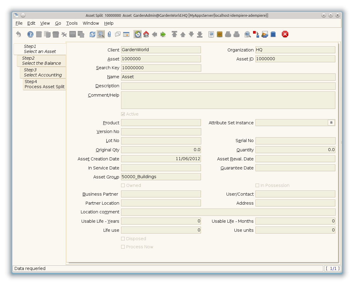 Asset Split - Step1 Select an Asset - Window (iDempiere 1.0.0).png