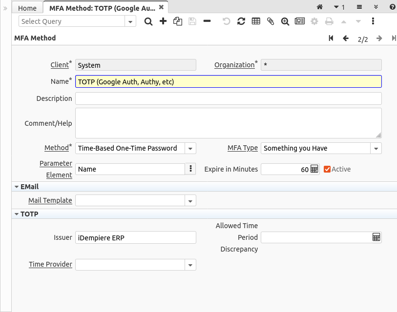 MFA Method - MFA Method - Window (iDempiere 1.0.0).png