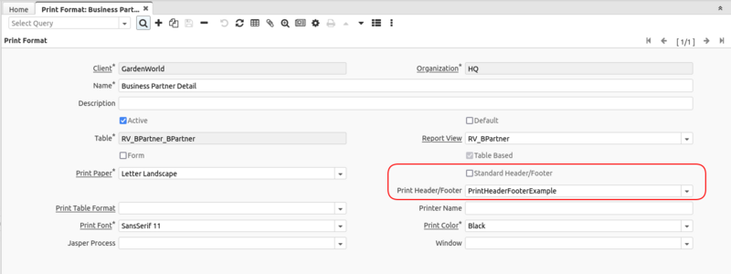 Print Format Example Header and Footer