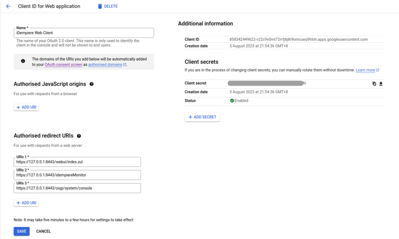 Google Cloud Console Copy Client ID and Client Secret