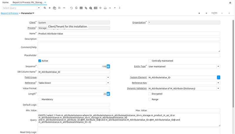 Report parameter query field example