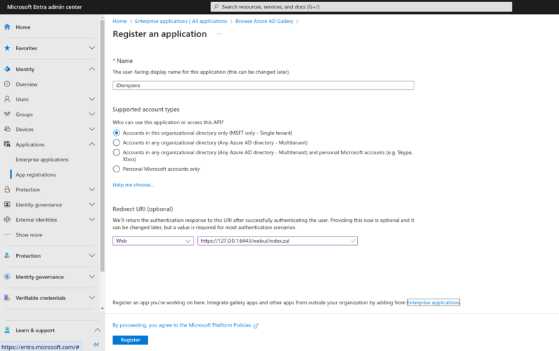 Azure Register Application